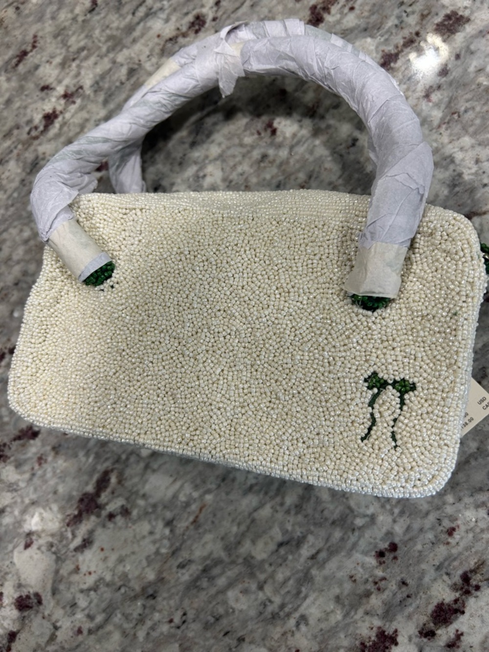 Anthropologie Beaded Cream Tote with Green Handles and Pink Accent - Picture 7 of 12